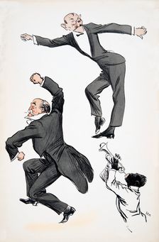Elderly gentleman in tails and younger gentleman in black tie dance to a musician playing trumpet, f
