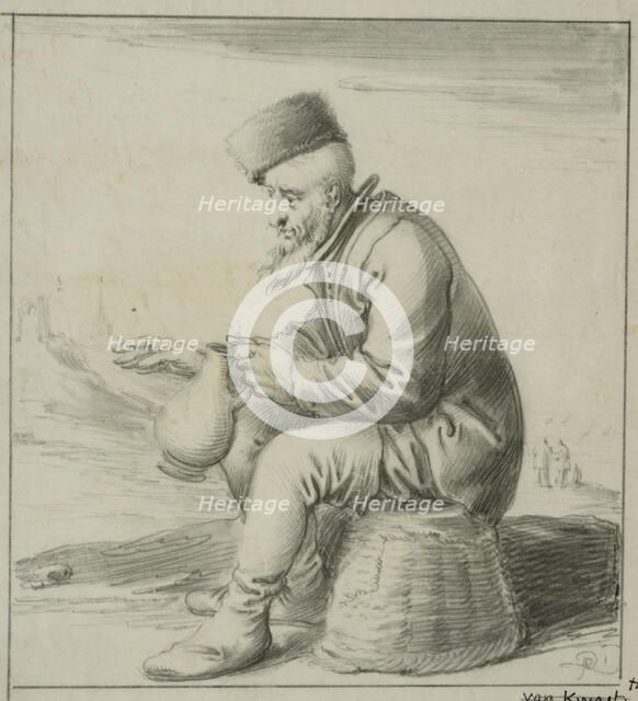 Elderly man sitting on an upside down basket, 1630s. Creator: Pieter Jansz. Quast.
