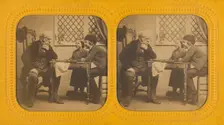 Elderly man playing checkers with two children, 1855-1860. Creator: Unknown