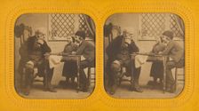 Elderly man playing checkers with two children, 1855-1860. Creator: Unknown