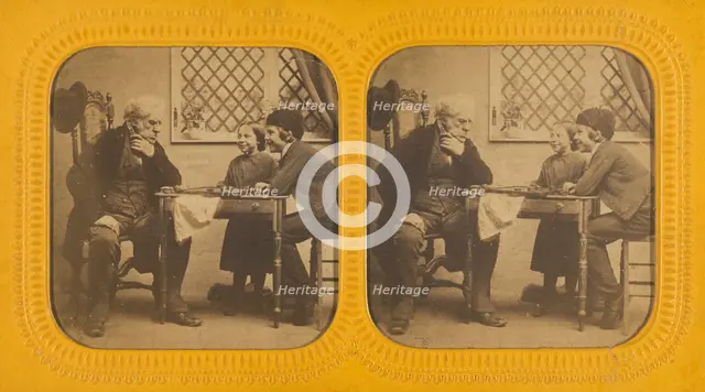 Elderly man playing checkers with two children, 1855-1860. Creator: Unknown.