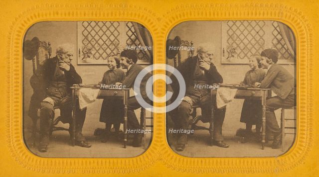 Elderly man playing checkers with two children, 1855-1860. Creator: Unknown.
