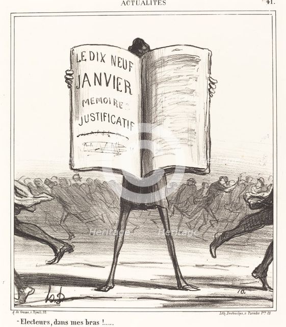 Électeurs, dans mes bras!..., 1869. Creator: Honore Daumier.