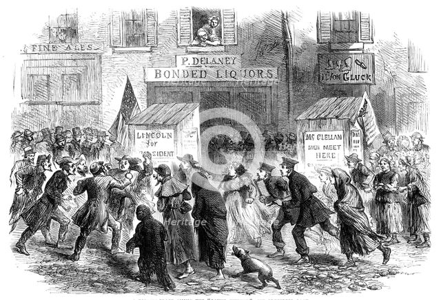 Election Day in New York: a polling-place among the "Lower Twenty", 1864. Creator: Unknown.