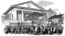 Election hustings in Covent Garden during the Westminster election, London, 1852