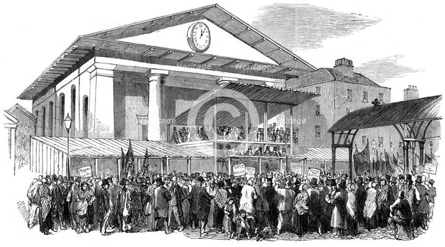 Election hustings in Covent Garden during the Westminster election, London, 1852. Artist: Unknown