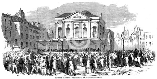 Election hustings in Clerkenwell Green during the Finsbury election, London, 1852. Artist: Unknown