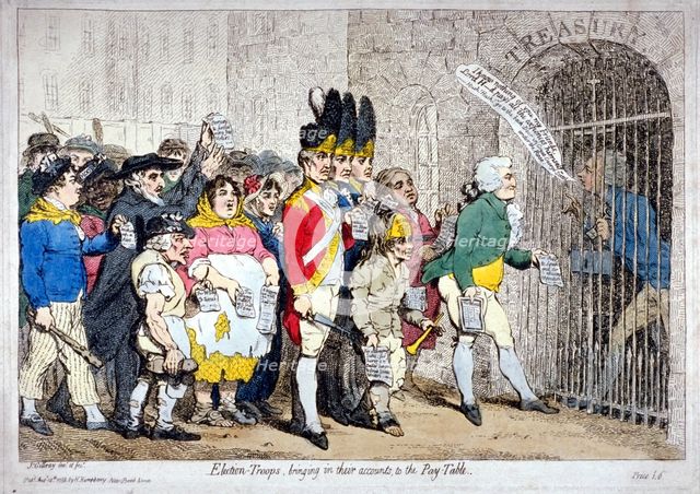 'Election-troops, bringing in their accounts, to the pay-table', 1788.           Artist: James Gillray