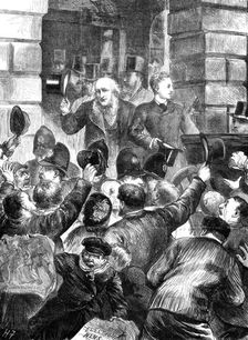 Electioneering at Liverpool: scene at the Townhall after the nomination, 1880. Creator: Unknown
