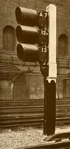 Electric Lamp Signals, with Shades for Day Use, at Baker Street Station, Metropolitan Railway 193 Creator: Unknown