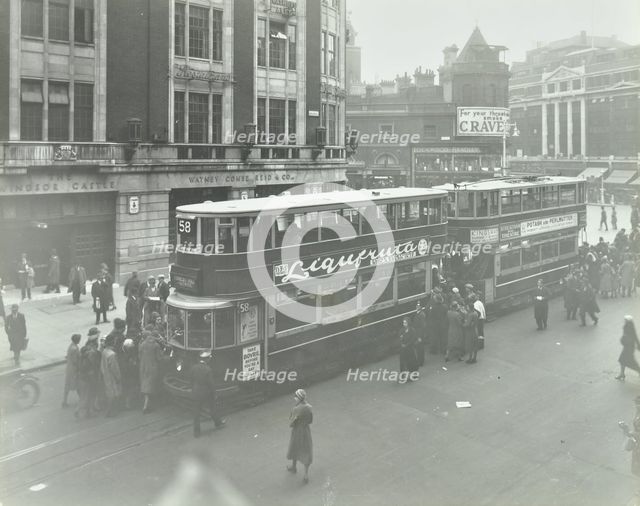 Electric trams at Victoria Terminus, London, 1932. Artist: Unknown.