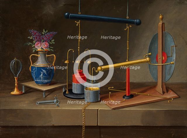 Electricity: condenser jars, an electro-static generator, and a vase with flowers, (18--?). Creator: Paul Lelong.