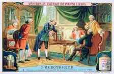 Electricity demonstration, London, 1766, (c1900)