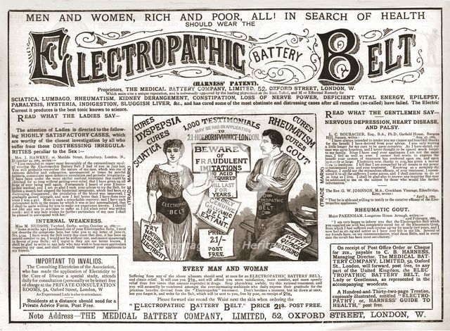 'Electropathic Battery Belt', 1886.  Creator: Unknown.
