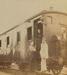 Eleanor Pray and Sarah Smith posed with their friend Mr Hunt at a Trans-Siberian railroad..., 1899. Creator: Frederick S. Pray