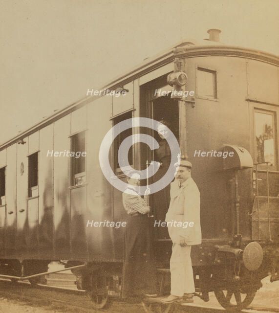 Eleanor Pray and Sarah Smith posed with their friend Mr Hunt at a Trans-Siberian railroad..., 1899. Creator: Frederick S. Pray.