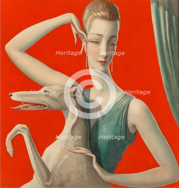 Elegant Woman and Afghan Hound. Creator: Benda, Wladyslaw Theodor (1873-1948).