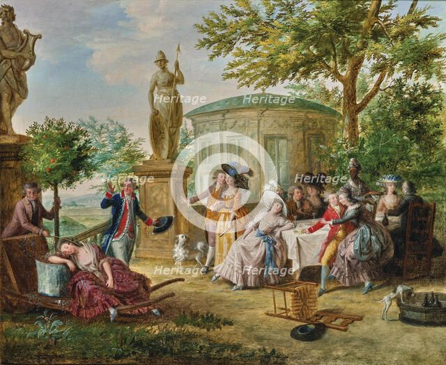 Elegant society dining in a classical garden, 1780s. Creator: Lafrensen; Niclas (1737-1807).