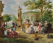 Elegant society dining in a classical garden, 1780s. Creator: Lafrensen; Niclas (1737-1807)