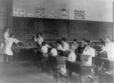 Elementary school children studying map of city, Washington, D.C., (1899?). Creator: Frances Benjamin Johnston