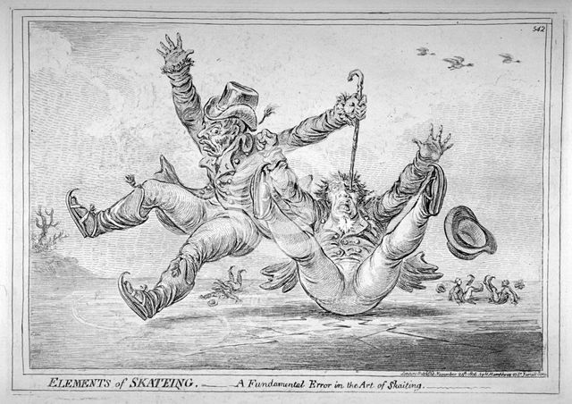 'Elements of Skateing. Making the most of a passing friend, in a case of emergency!', 1805. Artist: James Gillray