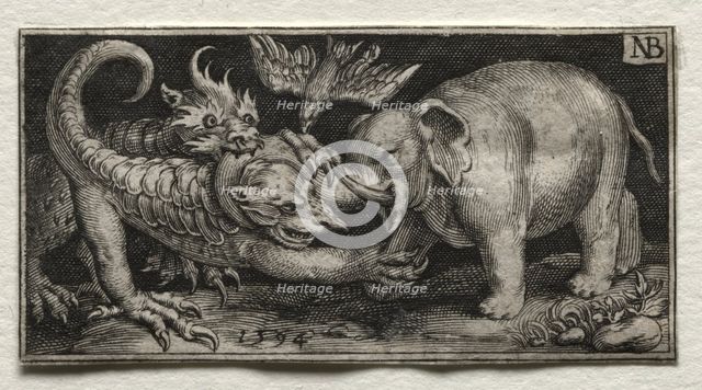 Elephant Fighting two Beasts, 1594. Creator: Nicolaes de Bruyn (Netherlandish, 1571-1656); A. van Londerseel.