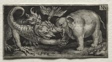 Elephant Fighting two Beasts, 1594. Creator: Nicolaes de Bruyn (Netherlandish, 1571-1656); A. van Londerseel