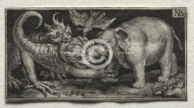 Elephant Fighting two Beasts, 1594. Creator: Nicolaes de Bruyn (Netherlandish, 1571-1656); A. van Londerseel.