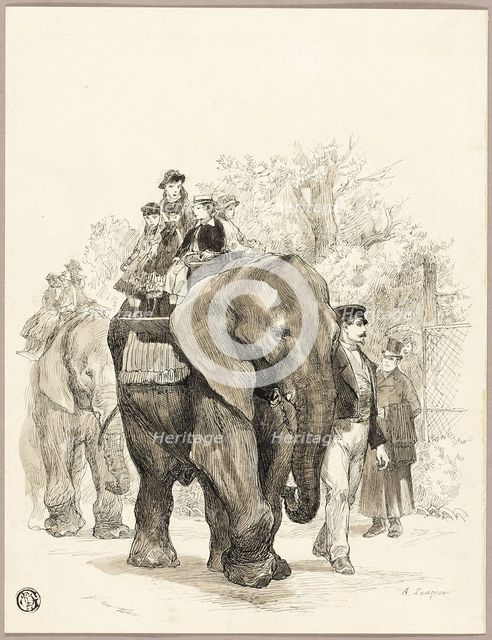 Elephant with Riders in Jardin des Plantes, Paris, n.d. Creator: Auguste-Andre Lancon.