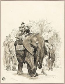 Elephant with Riders in Jardin des Plantes, Paris, n.d. Creator: Auguste-Andre Lancon