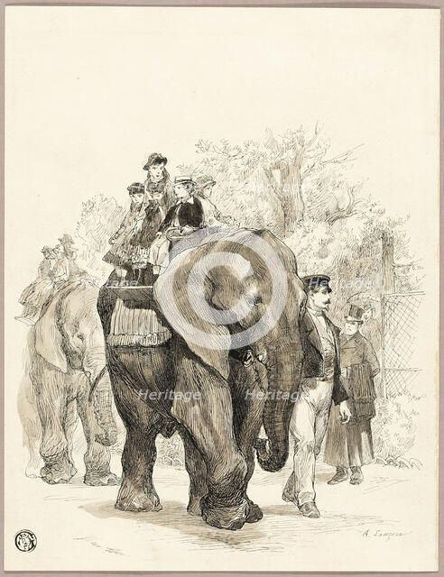Elephant with Riders in Jardin des Plantes, Paris, n.d. Creator: Auguste-Andre Lancon.