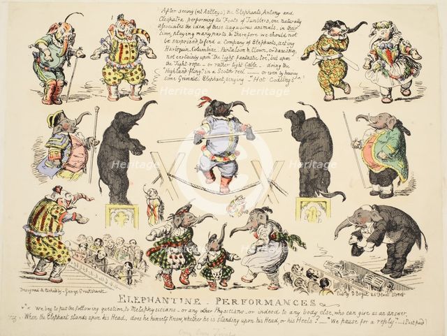 Elephantine Performances, pub. C. 1854 (hand coloured etching)