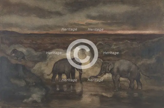 Elephants by a Pool, 1810-75. Creator: Antoine-Louis Barye.