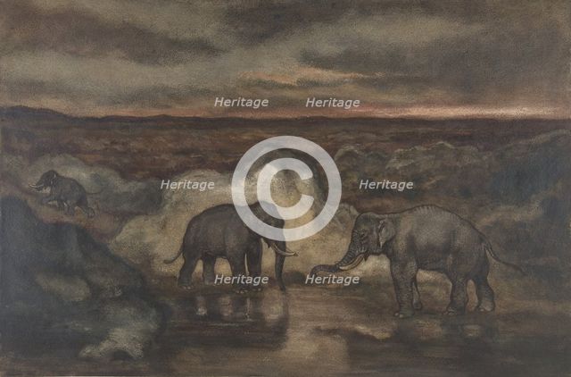 Elephants by a Pool, 1810-75. Creator: Antoine-Louis Barye.