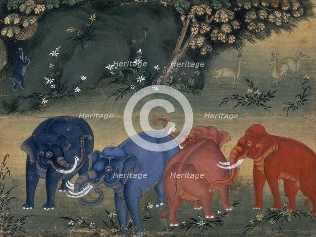 Elephants playing in the forest, 1850. Creator: Unknown.