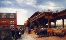 Elevated station, Union Stock Yards, Chicago, Illinois, USA, 1910