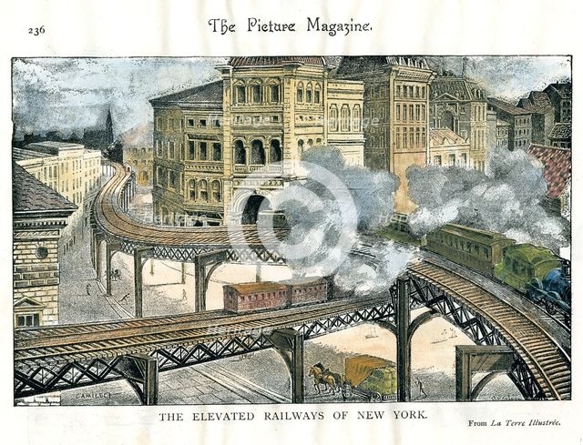 Elevated Railway in New York, from "The Picture Magazine", c19th century. Creator: Unknown.