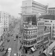 Elevated view along Queen Victoria Street, London, probably 1960s. Creator: John Gay