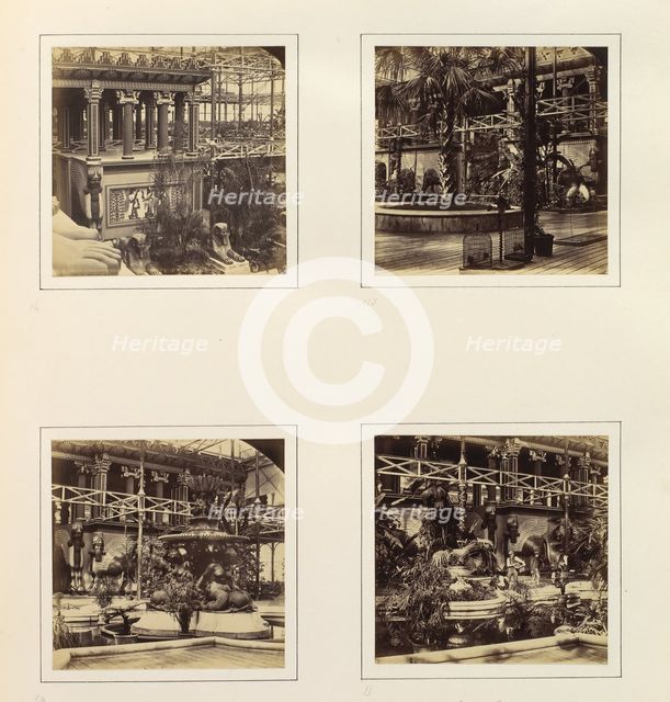 [Elevated View of Egyptian Court; Ninevah Court; Monti's Fountain, and Nineveh Court; ..., ca. 1859. Creator: Attributed to Philip Henry Delamotte.