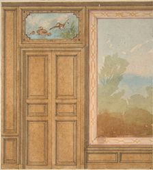 Elevation of a paneled wall with a mural or tapestry and a double doors surmounted..., 19th century. Creators: Jules-Edmond-Charles Lachaise, Eugène-Pierre Gourdet