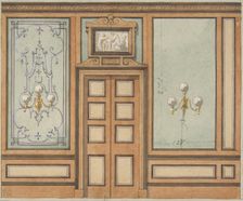 Elevation of a paneled interior with double doors and gaslight sconces, 1830-97. Creators: Jules-Edmond-Charles Lachaise, Eugène-Pierre Gourdet