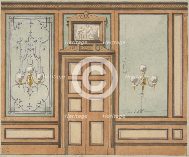 Elevation of a paneled interior with double doors and gaslight sconces, 1830-97. Creators: Jules-Edmond-Charles Lachaise, Eugène-Pierre Gourdet.