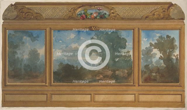 Elevation of a paneled interior decorated with painted landscapes and coves with..., 1830-97. Creators: Jules-Edmond-Charles Lachaise, Eugène-Pierre Gourdet.
