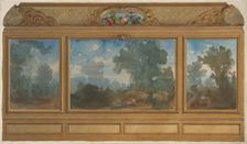 Elevation of a paneled interior decorated with painted landscapes and coves with..., 1830-97. Creators: Jules-Edmond-Charles Lachaise, Eugène-Pierre Gourdet