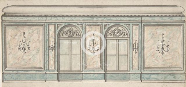 Elevation of a Wall with Two Windows and Five Wall Lights, 19th century. Creator: Anon.