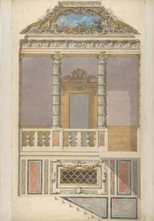 Elevation of an Italianate interior, including steps and an upper loggia decorated..., 1830-97. Creators: Jules-Edmond-Charles Lachaise, Eugène-Pierre Gourdet