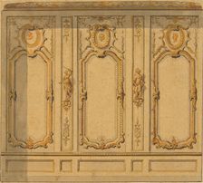 Elevation of an interior showing a wall decorated in ornate panels and mounted statuettes, 1830-97. Creators: Jules-Edmond-Charles Lachaise, Eugène-Pierre Gourdet