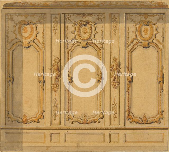 Elevation of an interior showing a wall decorated in ornate panels and mounted statuettes, 1830-97. Creators: Jules-Edmond-Charles Lachaise, Eugène-Pierre Gourdet.