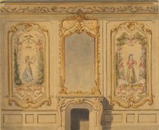 Elevation of an interior wall decorated with a chimney piece surmounted by a mirror..., 1830-97. Creators: Jules-Edmond-Charles Lachaise, Eugène-Pierre Gourdet