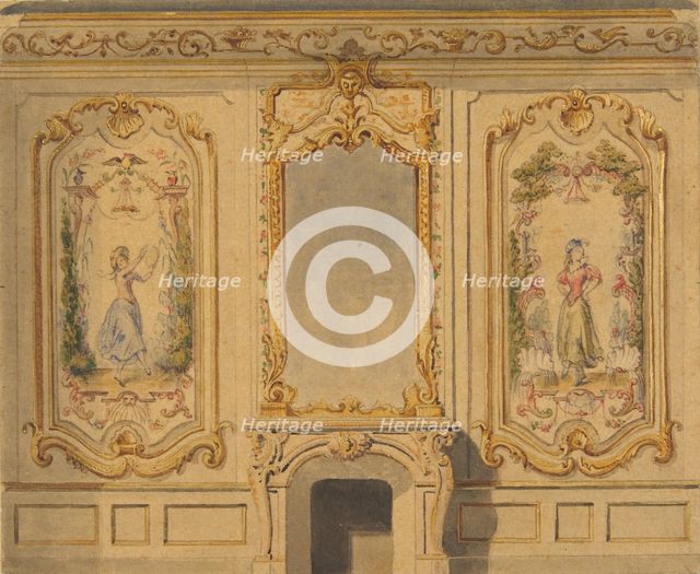 Elevation of an interior wall decorated with a chimney piece surmounted by a mirror..., 1830-97. Creators: Jules-Edmond-Charles Lachaise, Eugène-Pierre Gourdet.